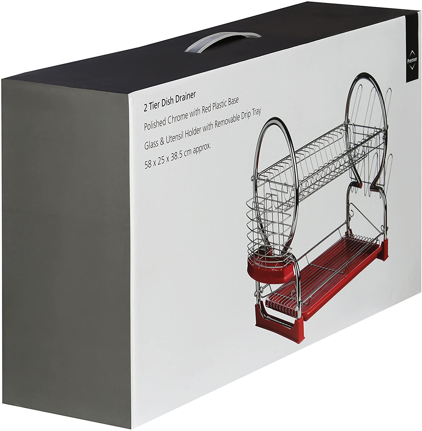 Premier Housewares 2 Tier Dish Drainer, Dish Rack with Drip Tray, Sink Caddy - Chrome/Red, H39 x W56 x D25cm - Image 3