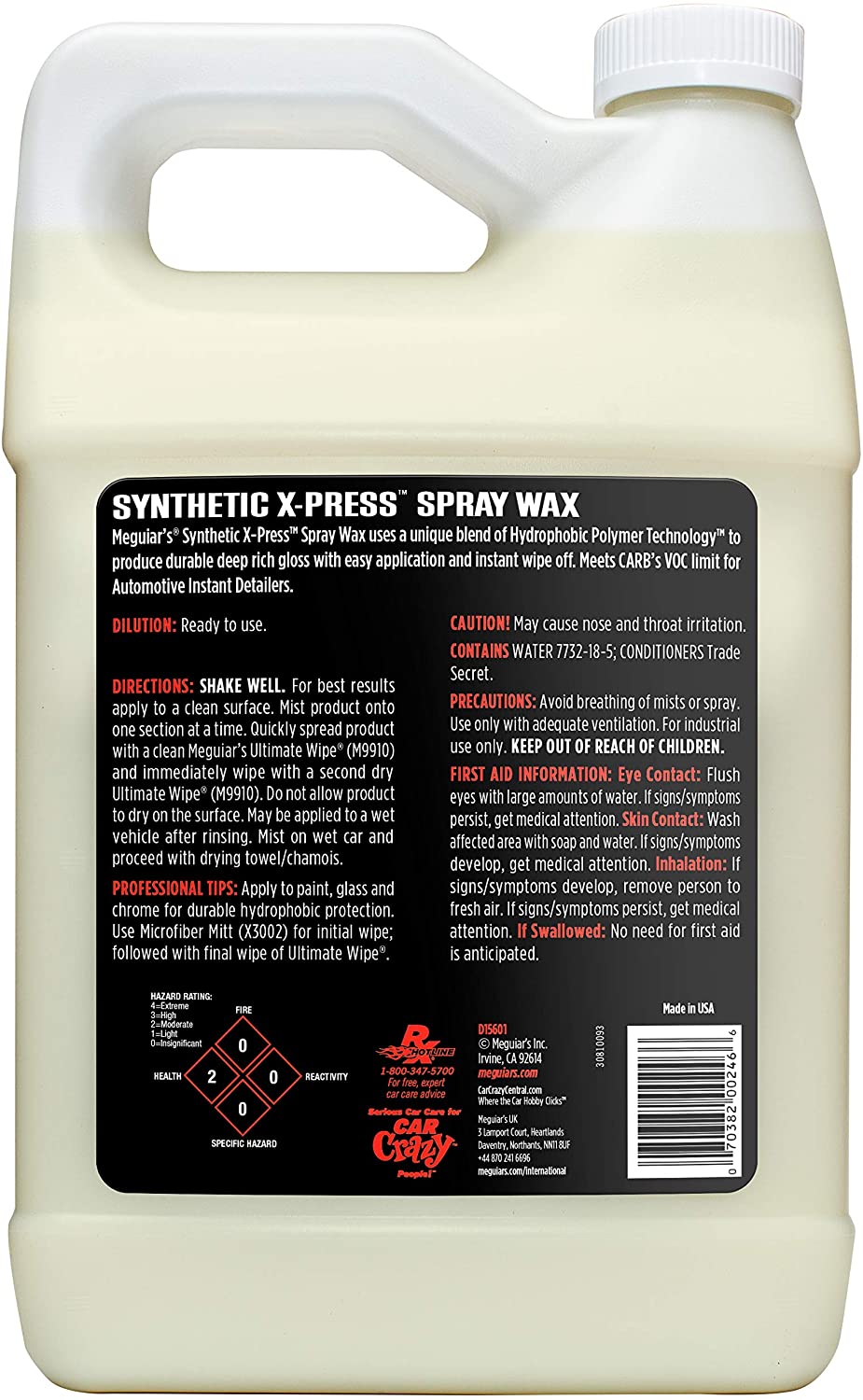 Meguiar's D15601 Detailer Synthetic X-Press Spray Wax 3.79L easy mist on, wipe off durable protection, 3.79 l (Pack of 1) - Image 3