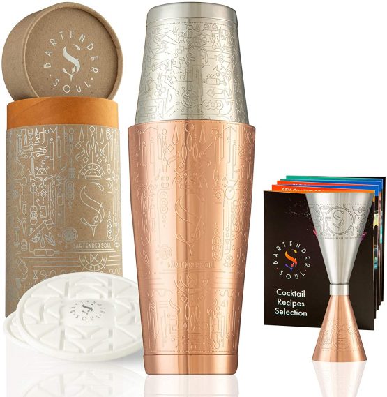 Exclusive Boston Cocktail Shaker - Copper - Professional Full Weighted Set, Precision Jigger, 2 Versatile Coasters and Recipes Guide