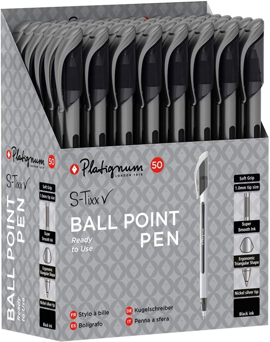 Platignum S-Tixx Black Ballpoint Pen [Pack of 50] Soft Grip Barrel with LV Ink for Smudge-Free and Ultra-Smooth Writing [50518]