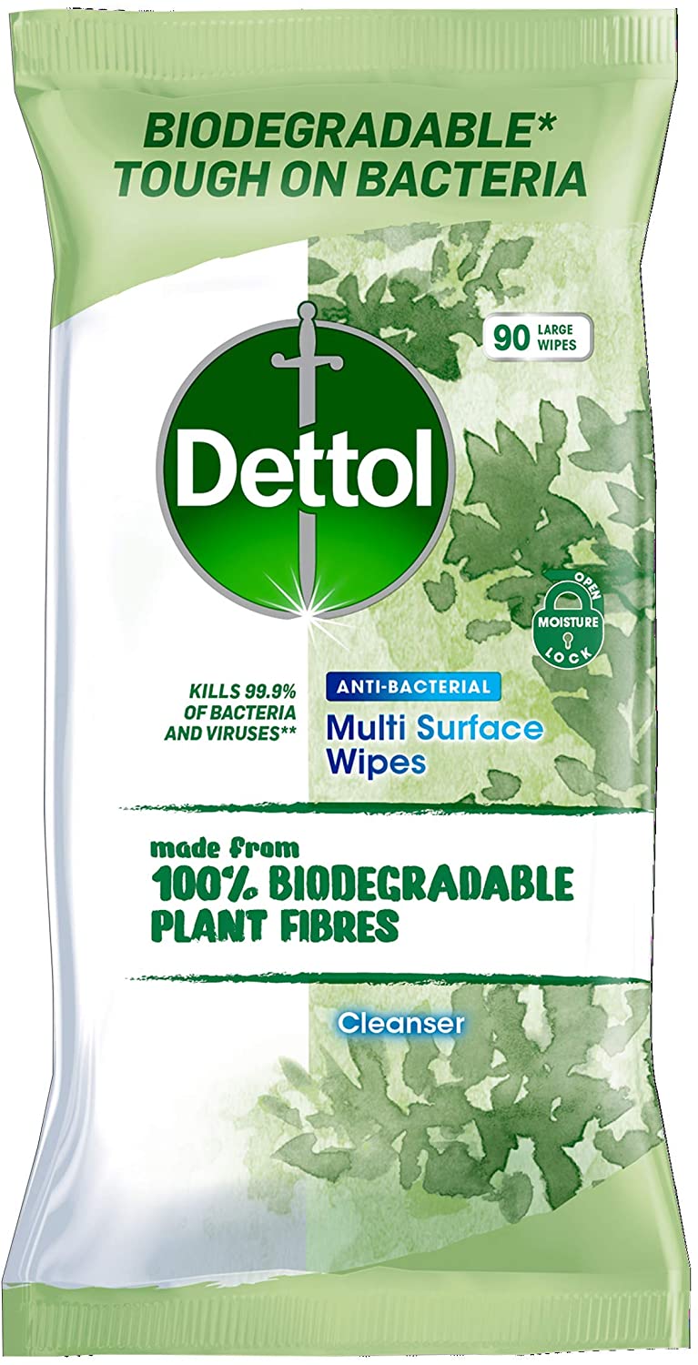 Dettol Wipes Biodegradable Antibacterial Multi Surface Cleaning, Pack of 90, 12 Piece Assortment