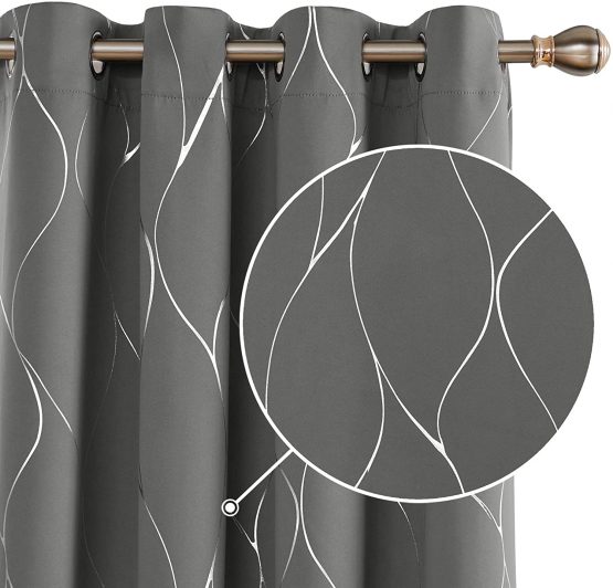 Deconovo Blackout Curtains, Home Decoration Thermal Insulated Curtains, Wave Foil Printed Ring Top Curtains for Girls Bedroom, 46 x 54 Inch(Width x Length), Light grey, 2 panels