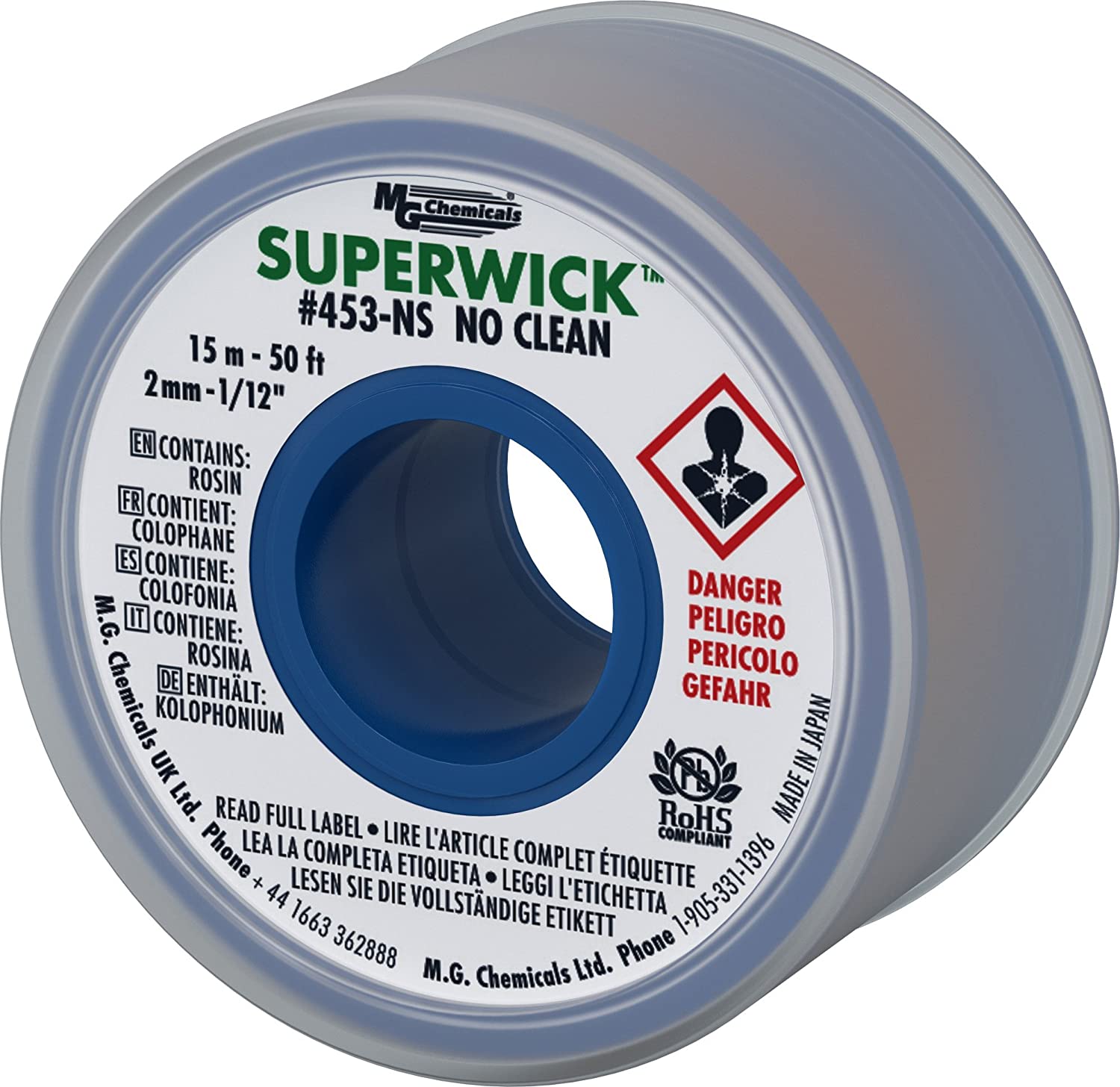 MG Chemicals 453-NS Desoldering Braid #3 No Clean Super Wick Desoldering Braid, 0.075" Width x 50' Length, Green