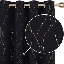 Deconovo Black Curtains, Gold Dotted Line Foil Printed Blackout Curtains, Thermal Insulated Curtains, Eyelet Curtains for Living Room, 46 x 72 Inch(Width x Length), Black, 2 Panels