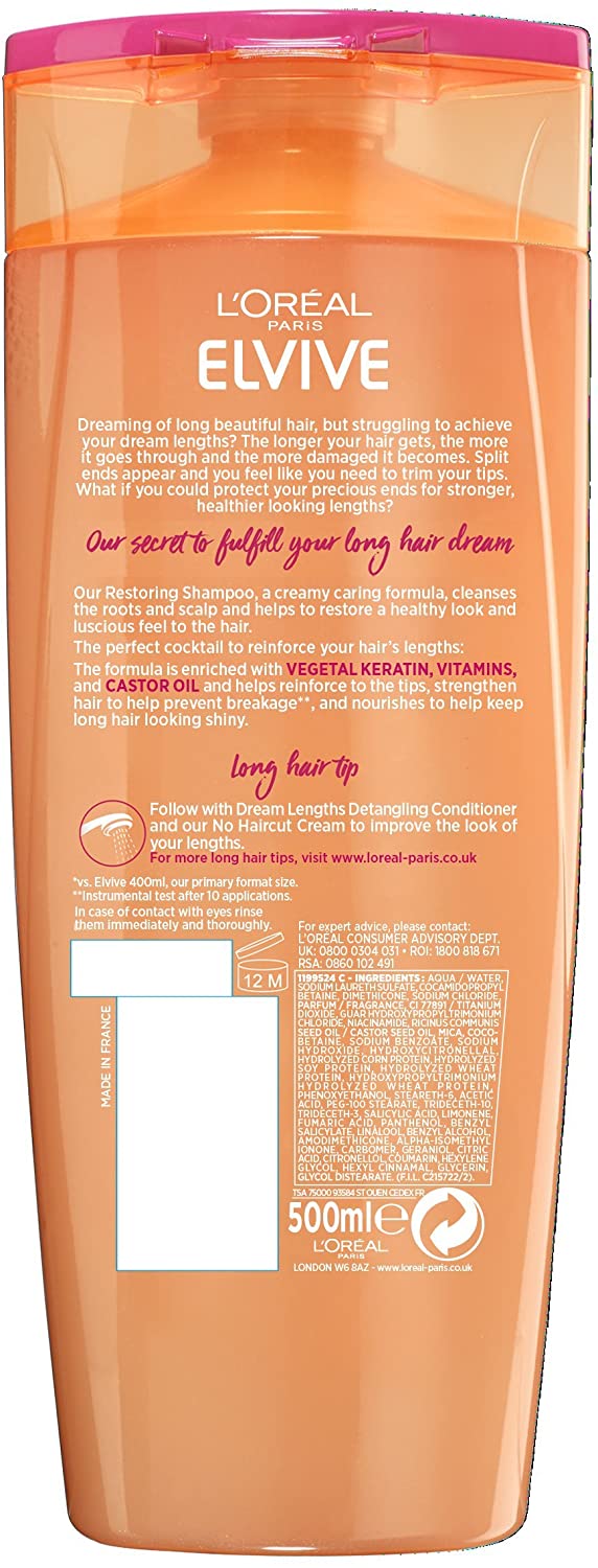 L'Oreal Paris Elvive Dream Lengths Shampoo, Nourishing & Strengthening Treatment, Enriched with Castor Oil, for Long Damaged Hair 500ml - Image 2