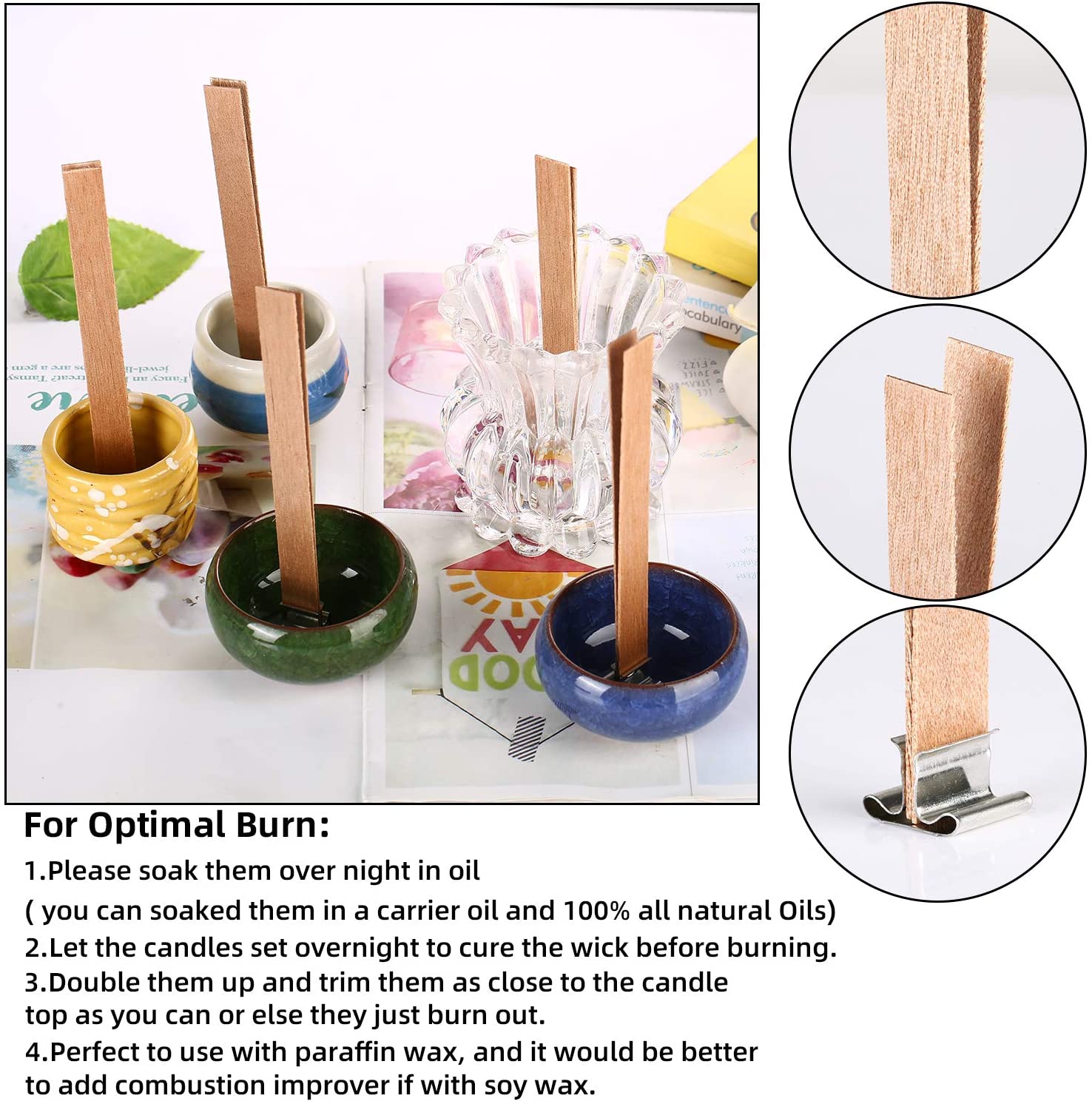VABNEER Wooden Candle Wick with Iron Holder for Craft DIY Candle Making 13x130mm (50Pcs/Set), Brown, 13 x 130mm - Image 3