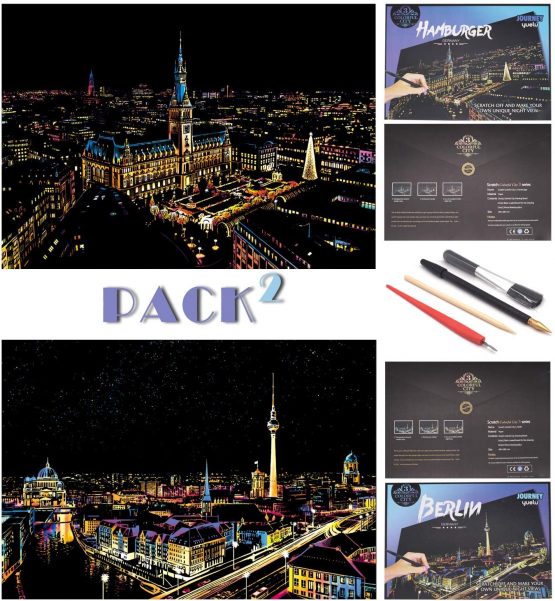 SiYear Scratch Paper Rainbow Painting Sketch, City Series Night Scene,Scratch Painting Creative Gift,Scratchboard for Adult and Kids with 4 Tools