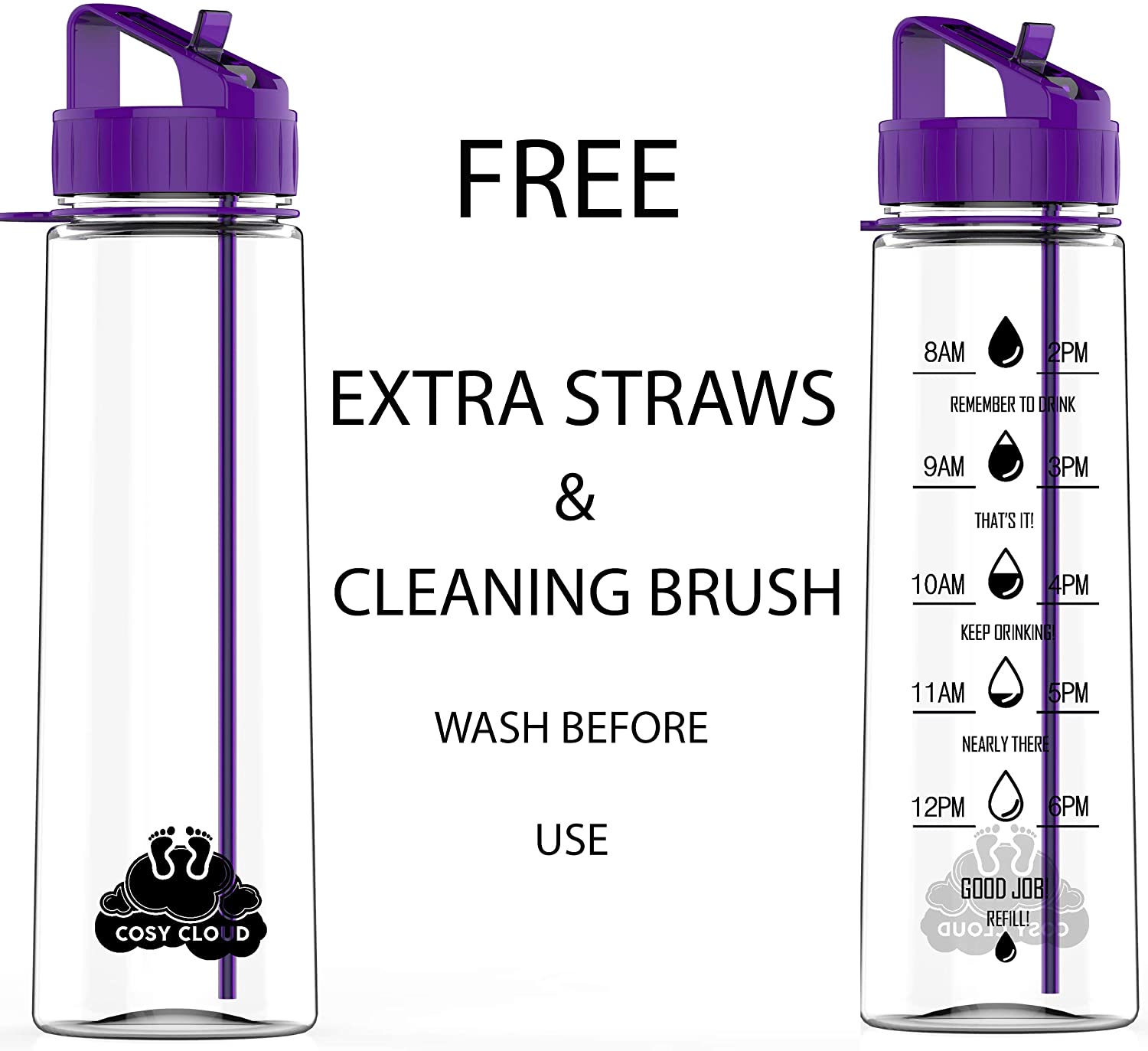 water bottle with measurements and straw
