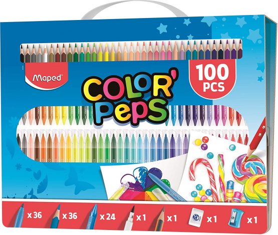 Maped Color' Peps 100 Piece Colouring Set & Carry Case (x36 Pencils, x36 Felt Tips, x24 Crayons, Board Marker, HB Pencil, Eraser and Sharpener), ASSORTED 907003