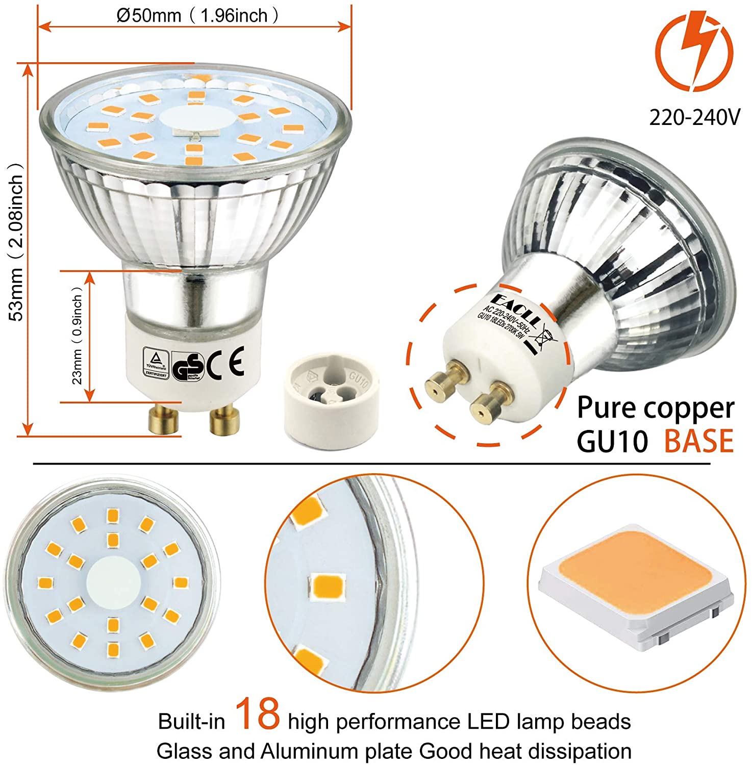 EACLL GU10 LED Bulbs Warm White 4.9W Equivalent 70W Halogen, Pack of 10, 515 Lumens 2700K, AC 230V Flicker-Free Spot Light - Image 2