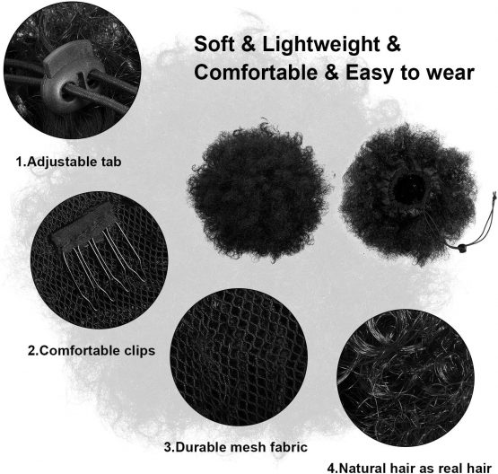 2 Pieces Afro Puff Drawstring Ponytail Synthetic Short Curly Hair Afro Bun Extension Afro Chignon Hairpieces Wig Updo Hair Extensions (Light Black) - Image 3