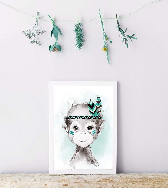 artpin® P62 Set of 6 Pictures for Child's Room Boys Girls in Mint Grey Feather - Posters Forest Jungle Baby Room Indian Animals - Image 2