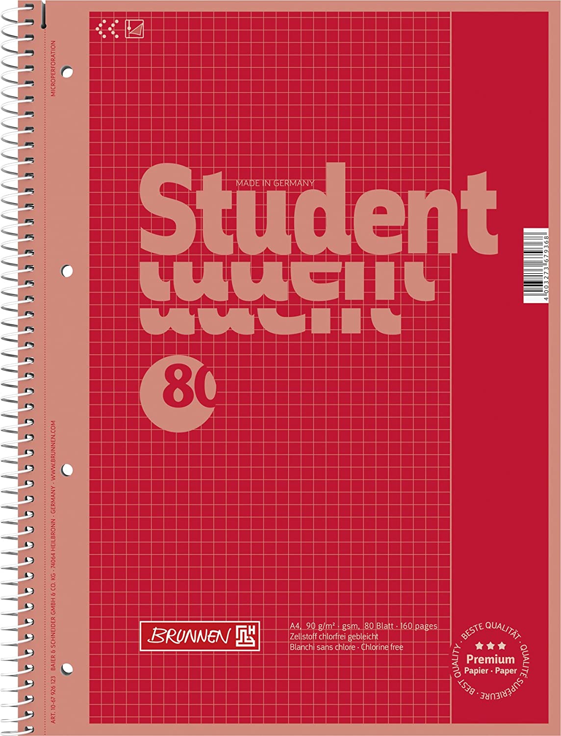 Brunnen Colour Code 1067926123 Notebook/Student Notepad A4, Squared (Type 26) 90g/m² 80 Pages, Red