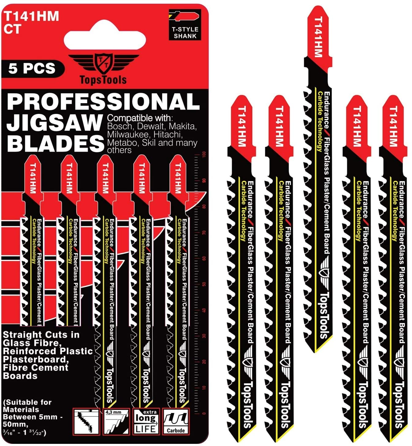 5 x TopsTools JSTT141HM T141HM 100mm Long Glass Fibre Cutting Jigsaw Blades, Black