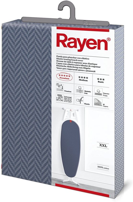 Rayen | Universal ironing board cover | Premium range | Padded and easy-to-fit ironing cover | EasyClip system | 4 layers: Foam, Fleece, 100% Cotton and Titanium fabric | Elastic