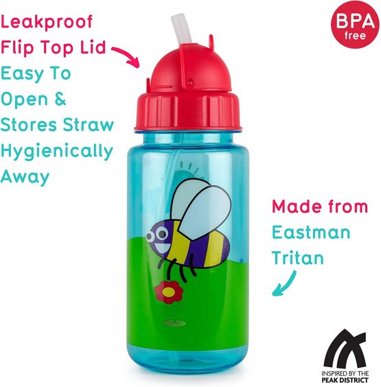 TUM TUM Flip Top Kids Water Bottle With Straw, Tritan Toddler Water Bottle, 400ml, BPA Free (Bugs) - Image 2
