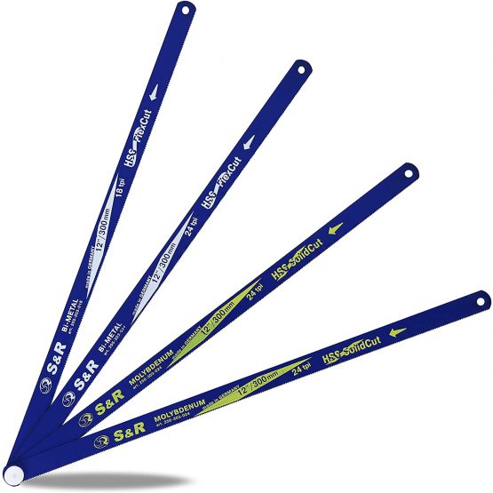 S&R Saw Blades Set for Hacksaw 4-Pcs.: 2X Molybdenum Steel Saw Blade 12"/ 300 mm x 24 tpi, 1x Bi-Metal Saw Blade 12"/ 300 mm x 18 tpi, 1x bi-Metal Saw Blade 12"/ 300 mm x 24 tpi, Made in Germany