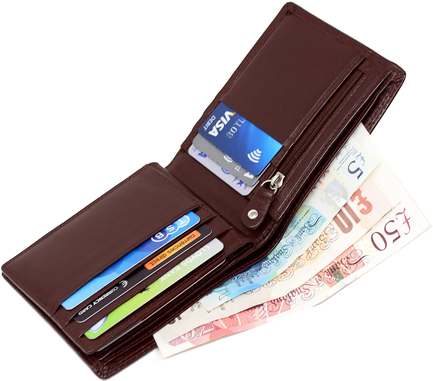 TOPSUM LONDON Genuine Leather RFID Blocking Bifold Wallet for Men, Luxury Designer Cardholder with Zip Coin Pocket - Image 4