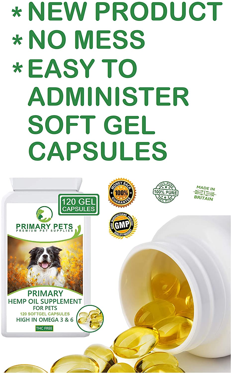 Primary Pets Premium Pet Supplies Hemp Oil for Dogs 100% Natural Hemp Seed Oil, Calming 120 x 1000mg Soft Gel Capsules - Image 2