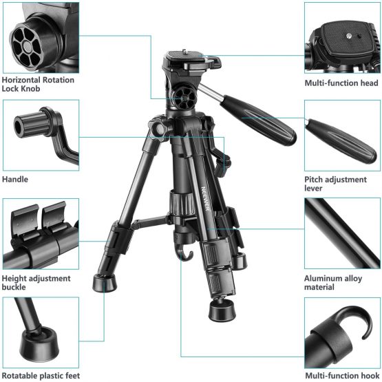 Neewer Mini Travel Tabletop Camera Tripod 24 inches/62cm, Lightweight and Portable Aluminum with 3-Way Swivel Pan Head for DSLR Camera,Smartphones,DV Video up to 5kg (T210) (Black) - Image 2