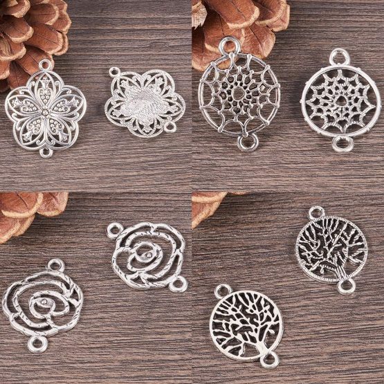 SUNNYCLUE 1 Box 60pcs 10 Styles Flower of Life Connectors Charms Heart Hollow Pendants for Jewellery Necklace Bracelet Making Craft Supplies Jewelry Findings Accessory, Antique Silver - Image 4
