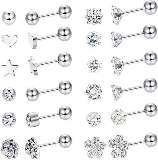 Milacolato 12 Pairs Stainless Steel Ball Stud Earrings Set Barbell Cartilage Helix Ear Piercing 4mm