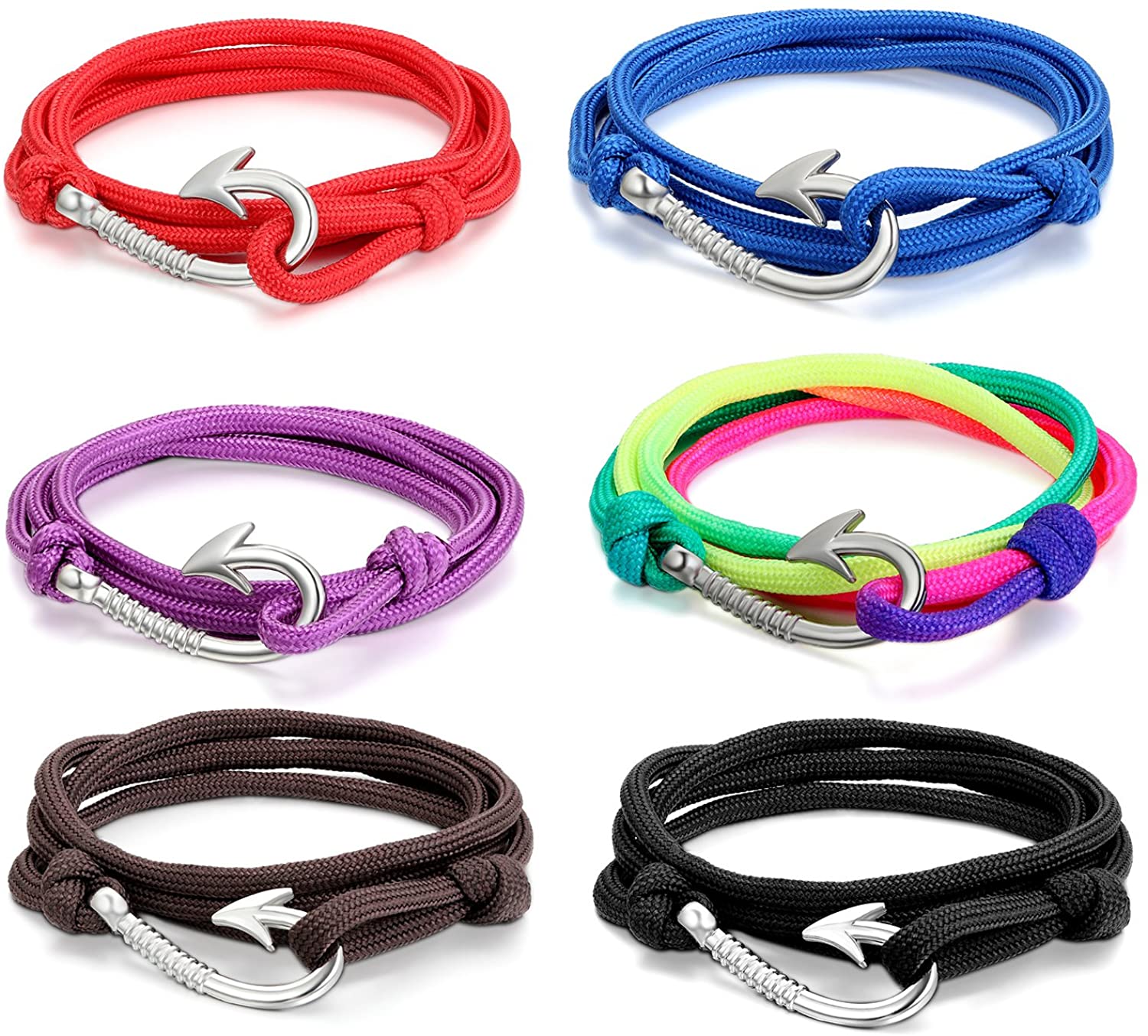 Oidea 6pcs Mens Womens Fish Hook Adjustable Multistrand Rope Wrist Bracelet,31 Inch-Wear as Anklet, Fishhook Pendant Necklace