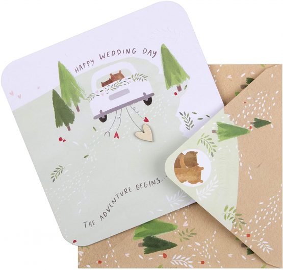 Cute Wedding Congratulations Card from Hallmark - Contemporary Square Design with Embossed Details and Wooden Heart Attachment - Image 2