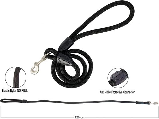 AVANZONA Dog lead Round Nylon, Resistent, Comfortable, No Pull, Hand made in EU, Training leash for Small Medium and Large dogs. 120cm. Black. - Image 3