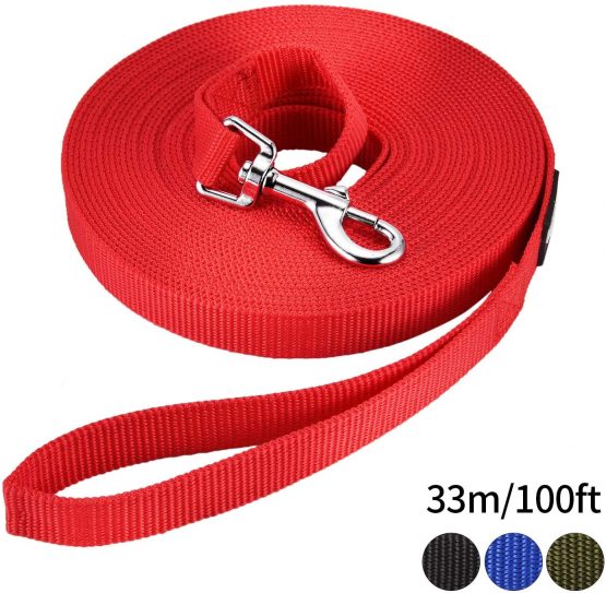 HAPPY HACHI Dog Training Lead Leash, Long Dog Line Nylon Cotton Webbing Recall Rope Leash for Pet Tracking Training Recall Obedience (33m/100ft,Red)