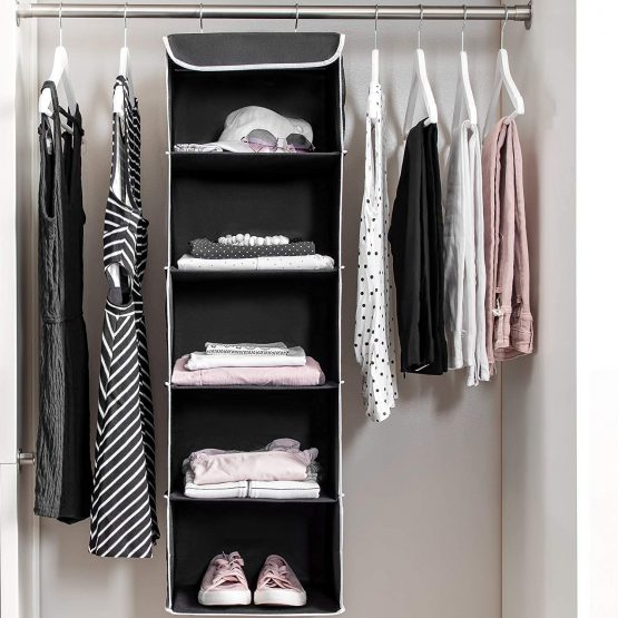 5-Shelf Hanging Wardrobe Storage Organiser - Strong & Durable Hanging Shelves with Metal Hooks - Breathable, Easy Access Closet Storage System with Pockets - Clothes & Shoes Hanging Cupboard Storage - Image 2