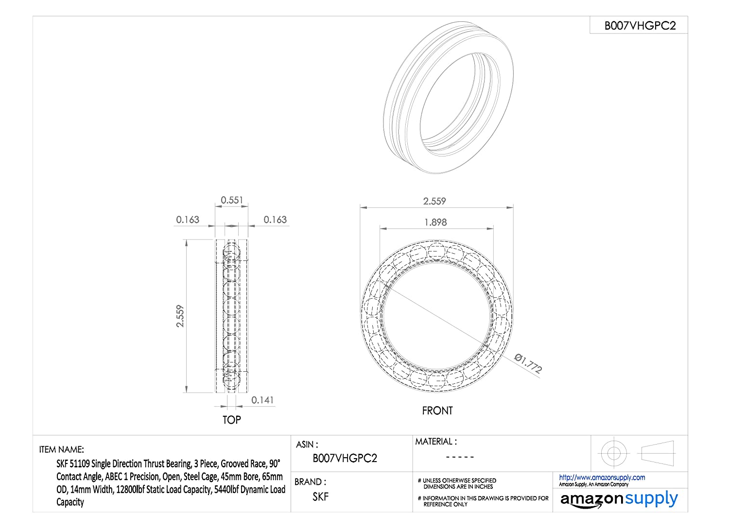 SKF 51109 Thrust Ball Bearing - Image 2