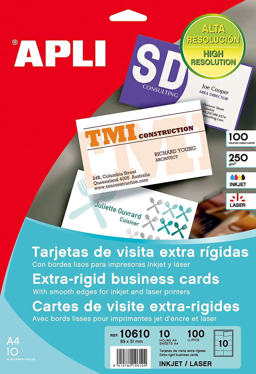 APLI 10610 - Extra Rigid Business Card 250 g 10 Sheets, white, 10 hojas