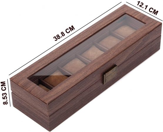 Readaeer Watch Storage Box, Watches Case, Watch Box made of PU Leather in Wood Grain and Wood Plastic Plate, with Real Glass Top (Brown, Small-6 Slots) - Image 2