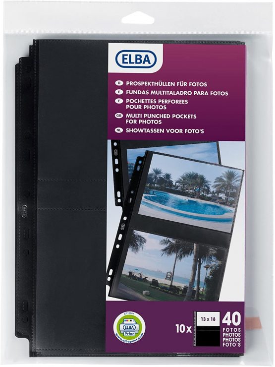 Elba Pack of 10 A4 Polypropylene Special Punched Pockets for Photos - Holds 80 Photos 4 Photos par pochette Black