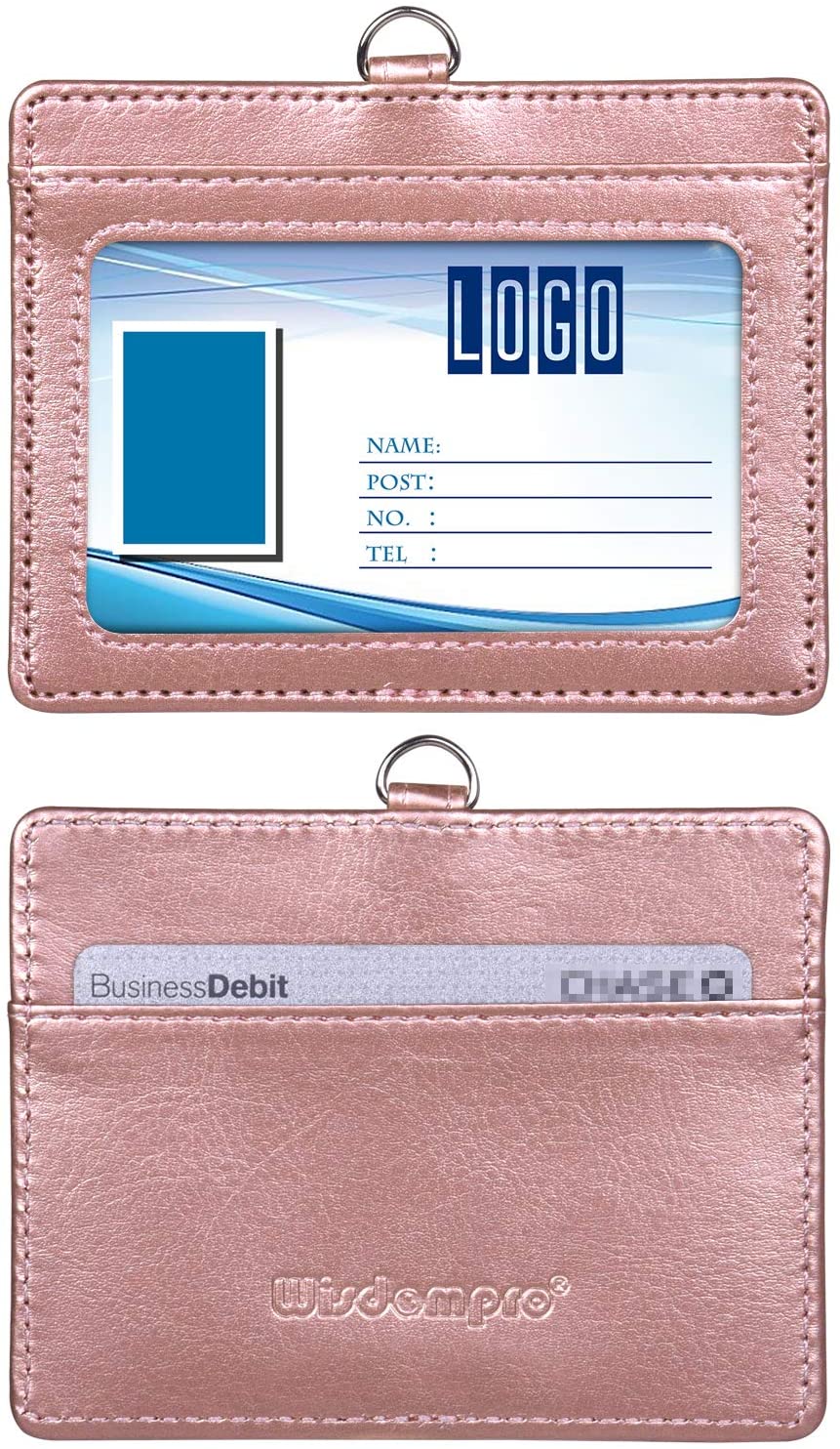 Wisdompro 2-Sided PU Leather ID Badge Holder with 1 ID Window and 1 Card Slot and 1 Piece 22 Inch Polyester Detachable Neck Lanyard Strap (Holds 3 to 4 Cards)- Rose Gold (Horizontal) - Image 2