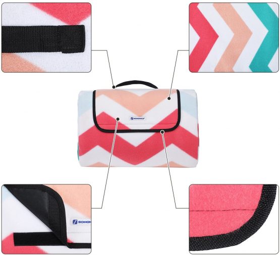 SONGMICS Picnic Blanket, 200 x 200 cm, Outdoor Beach Blanket for Camping, Park, Yard, with Waterproof Backing, Foldable, Red Wave Pattern GCM70KW - Image 4