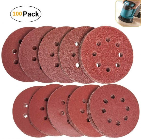 100Pcs Sanding Discs Pads, Augola Hook and Loop 40 60 80 100 120 150 180 240 320 400 Mixed Grits 125mm Sandpaper Sheet for Random Orbital Sander, 8-Holes