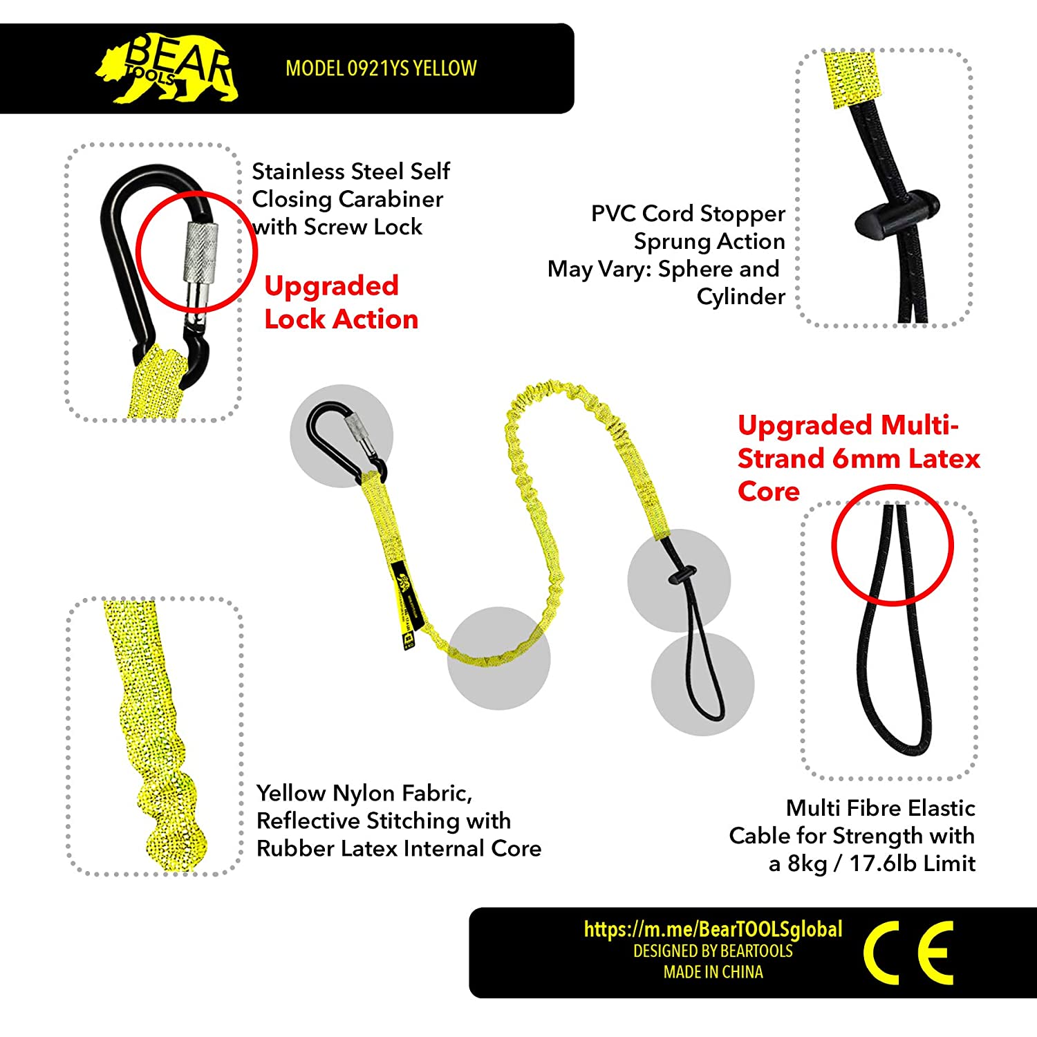 BearTOOLS Tool Lanyard with Buckle Strap, Clip Bungee Cord, Heavy Duty Screw Locking Carabiner, Fall Protection and Safety - Image 2