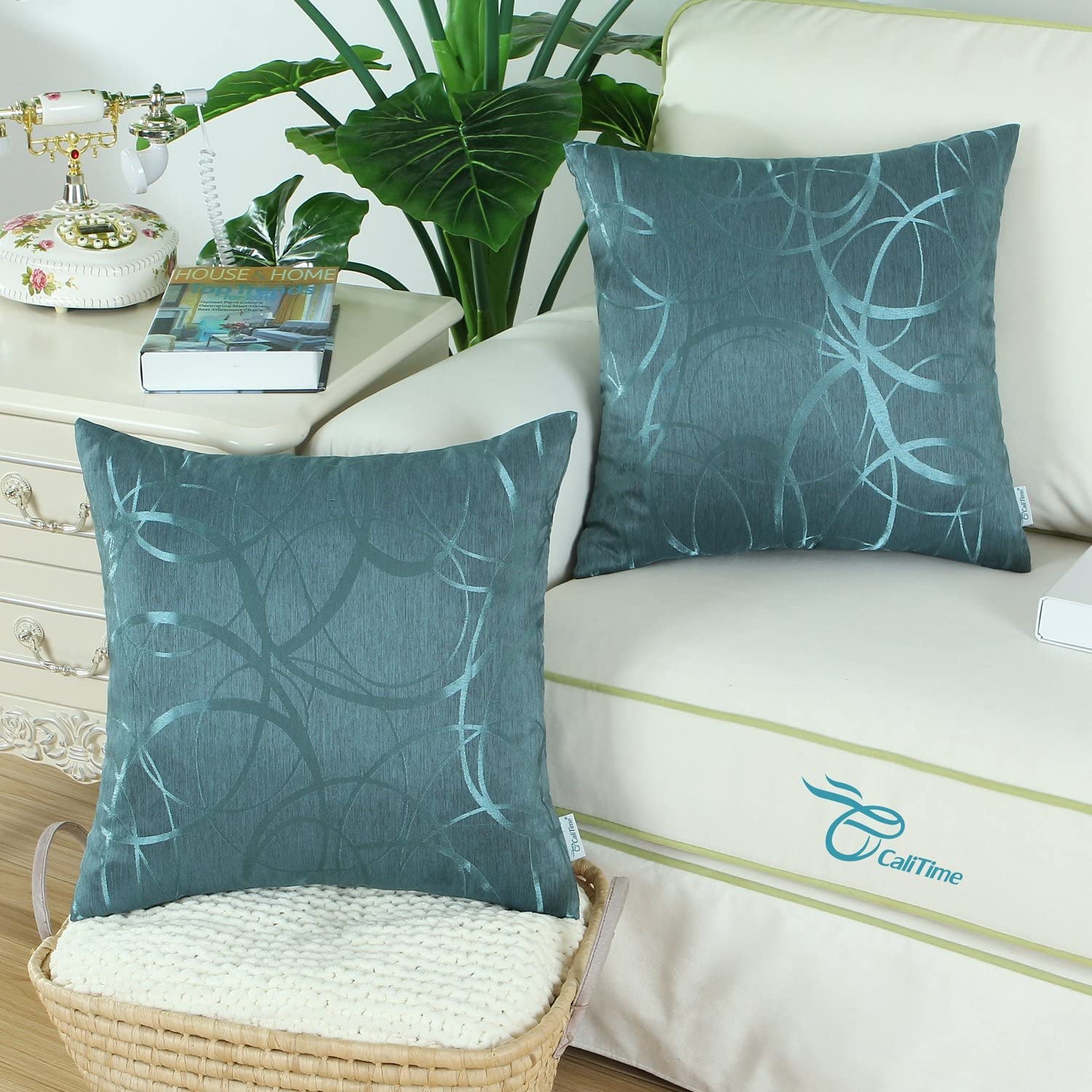 CaliTime Pack of 2 Cushion Covers Throw Pillow Cases Shells for Couch Sofa Home Decor Modern Shining & Dull Contrast Circles Rings Geometric 45cm X 45cm Teal - Image 2