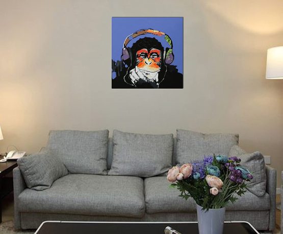 Fokenzary 100% Hand Painted Oil Painting on Canvas Pop Art Cute Gorilla Listening to Music with Headphone with Frame Ready to Hang - Image 4