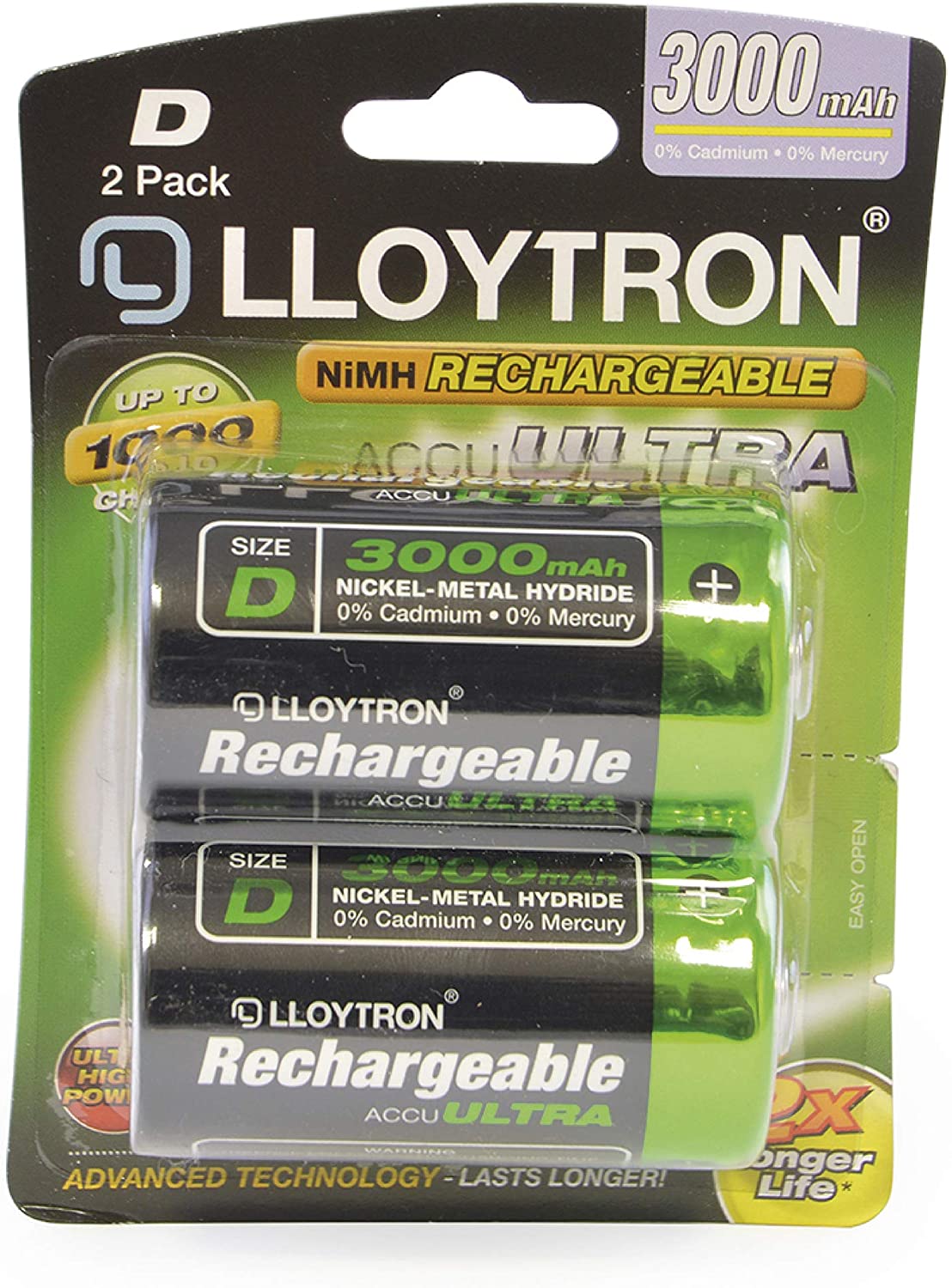 LLOYTRON NiMH Rechargeable AccuUltra Batteries / D Size / 3000mAh / 2 Pack - B017, D Size 3000mAh (2 Pack) - Image 2