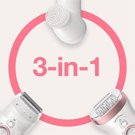 Braun Silk-épil 9 Epilator Hair Removal, Includes Facial Cleansing Brush High Frequency Massage Cap Shaver & Trimmer Head, Cordless, Wet & Dry, 100% Waterproof, 2 Pin Bathroom Plug, 9-880, White/Pink - Image 3