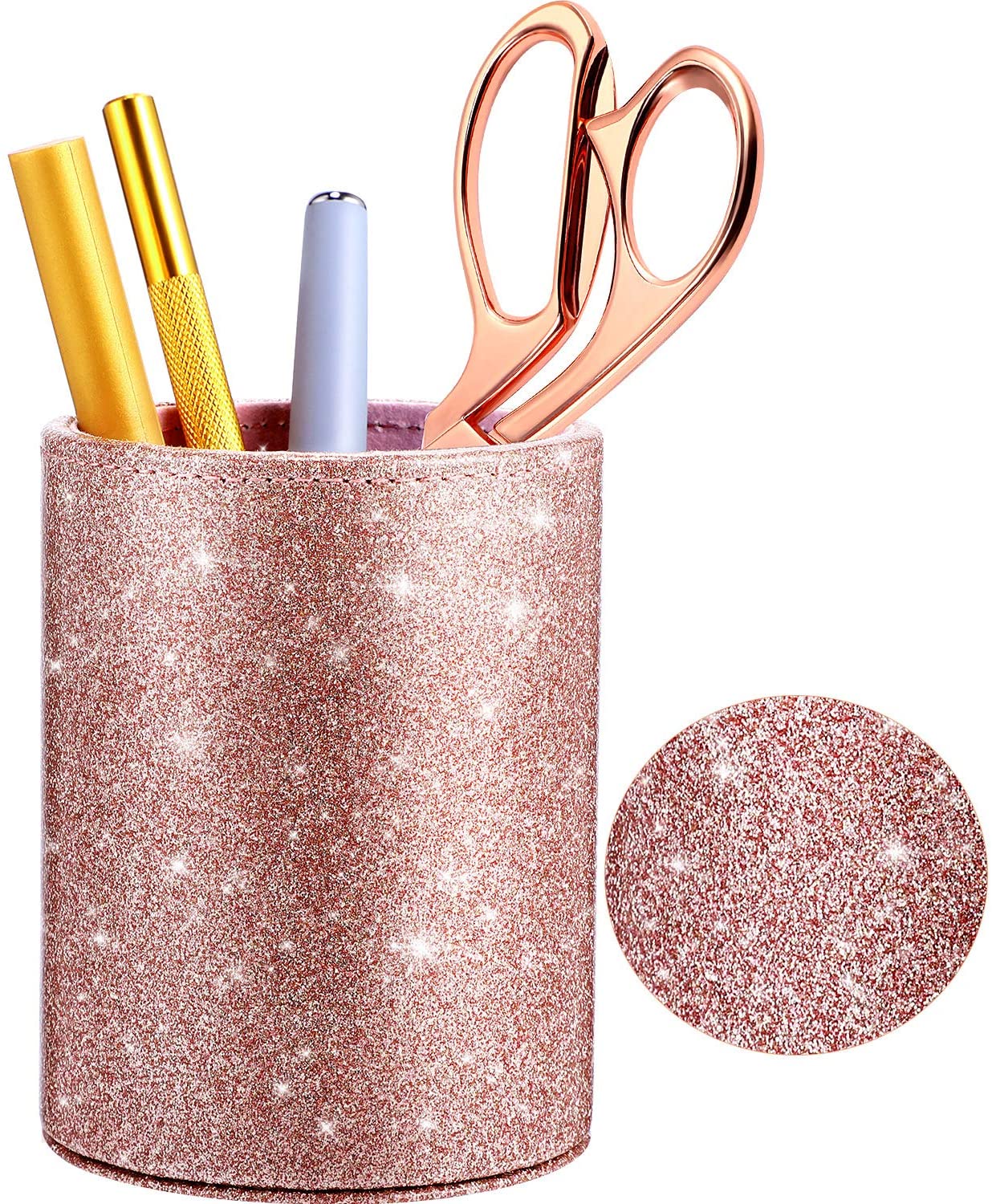 PU Glitter Pen Holder Pencil Cup Rose Gold Shiny for Women Girls Luxury Makeup Brush Holder Pu Leather Organizer Cup Gift for Desk Office Classroom Home