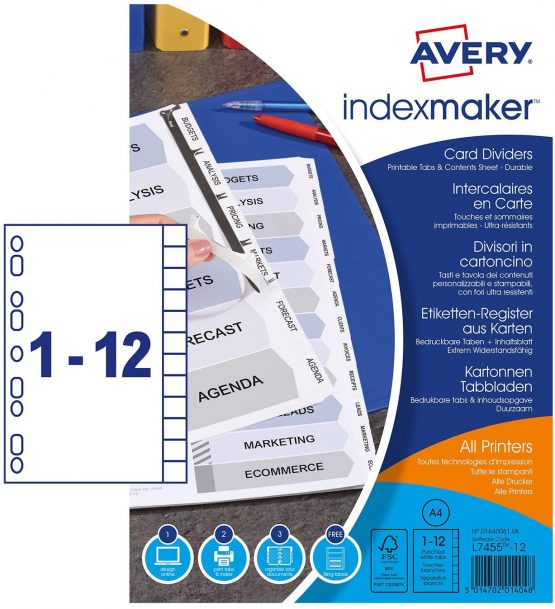 Avery 01640061 A4 IndexMaker Punched Card Dividers with Printable Clear Tabs, 12 Part Dividers - White