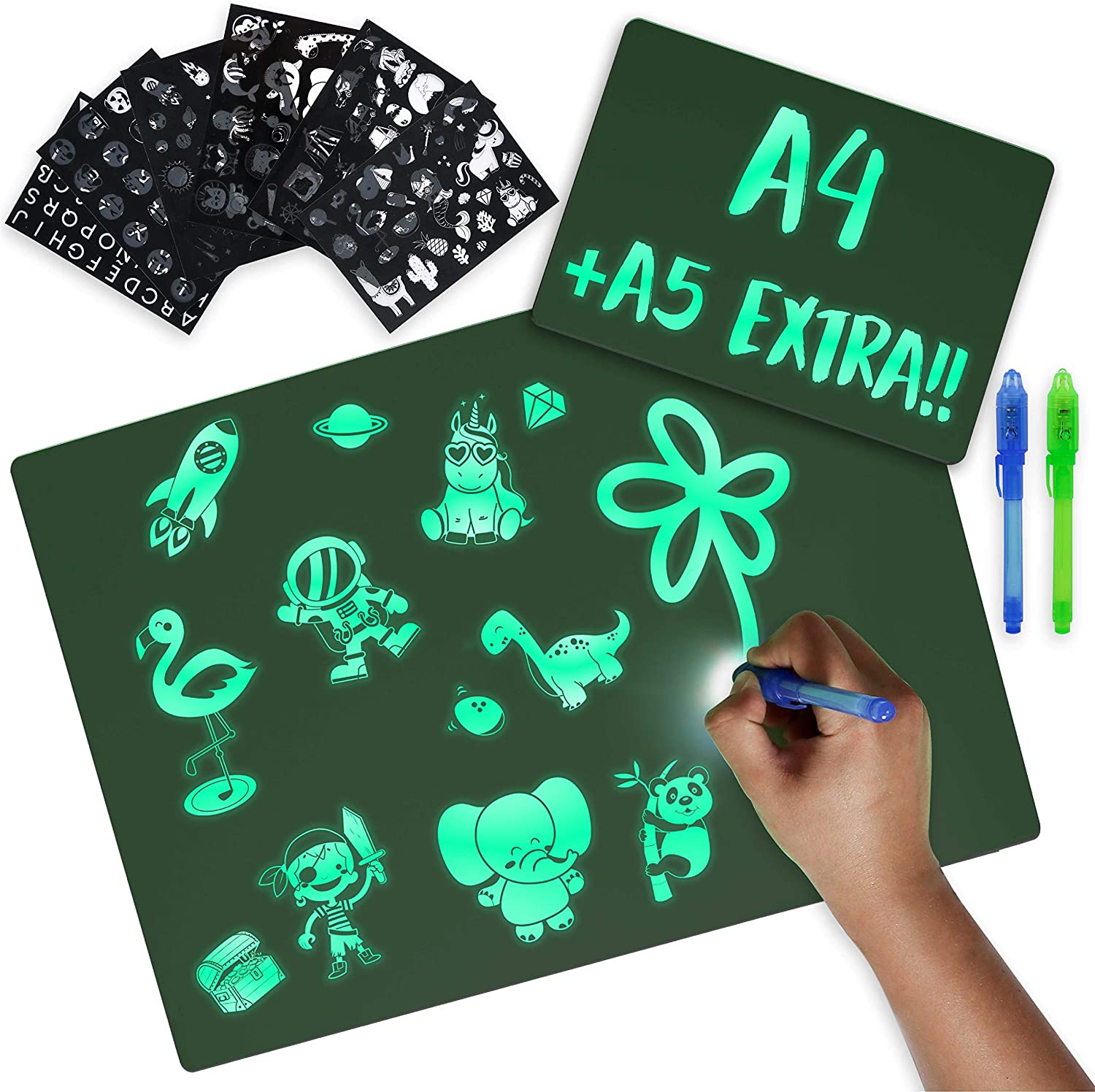 Light Drawing Board Kids A4 and A5, 6 Stencils, 2 Spy Pens - BONNYCO, black, A4 + A5 - GREEN
