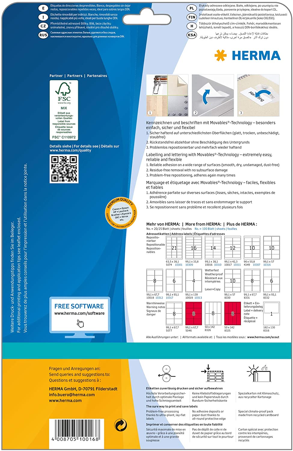 HERMA Self Adhesive Removable Labels, 14 Labels per A4 Sheet, 25 Sheets, 99.1 x 38.1 mm, 350 Labels - Image 2