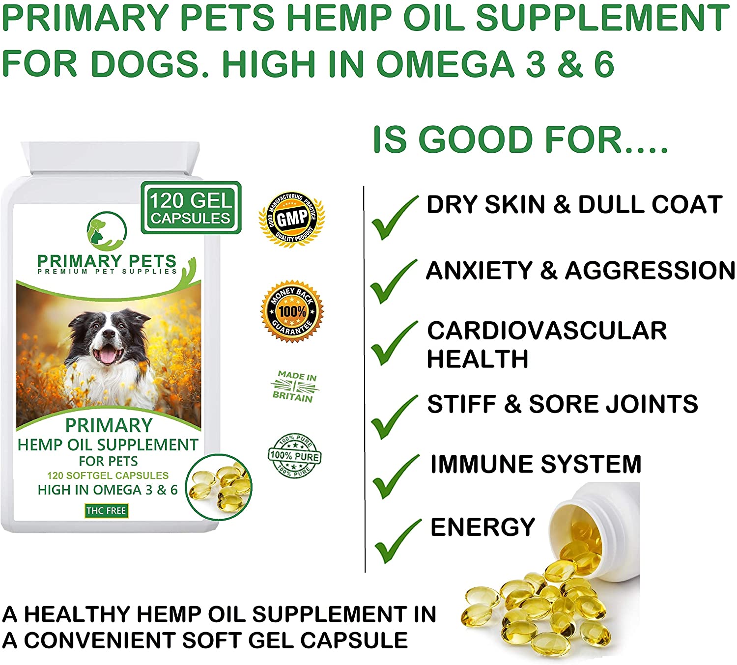 Primary Pets Premium Pet Supplies Hemp Oil for Dogs 100% Natural Hemp Seed Oil, Calming 120 x 1000mg Soft Gel Capsules - Image 3