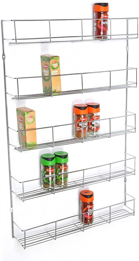 5 Tier Chrome Finish 420mm Wide Spice herb Rack jar Holder Storage for Wall or Kitchen Cupboard Holds 40