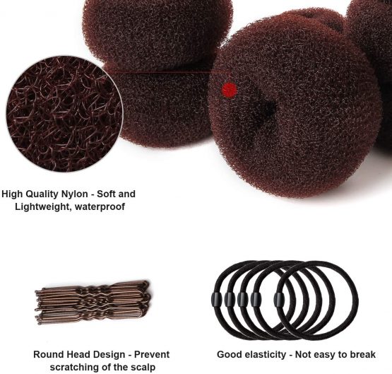 Hair Bun Maker Set 7 Pieces - Ring Style Donut Hair Bun Maker with 5 Elastic Hair Ties, 20 Hair Pins for Chignon Hairstyles, Hair Bun Shaper set for Kids Girls Women (Brown) - Image 3